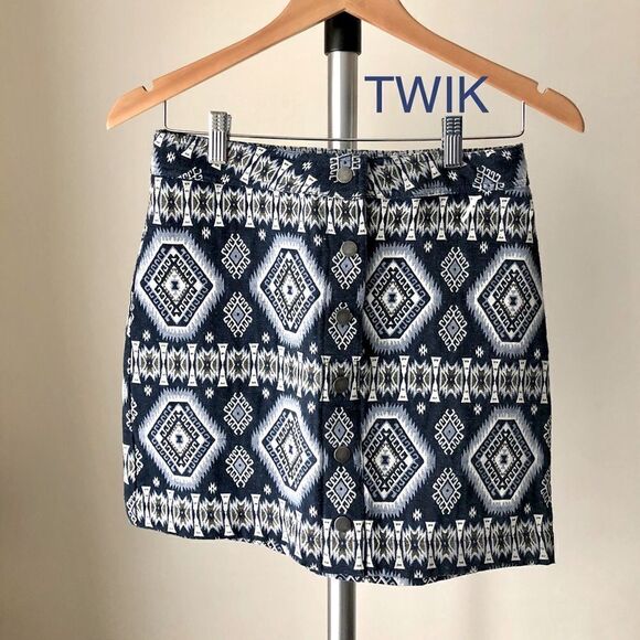 SIMONS Twik Navy Woven Tapestry Boho Southwest Print Button Front Skirt Sz S - Picture 1 of 4